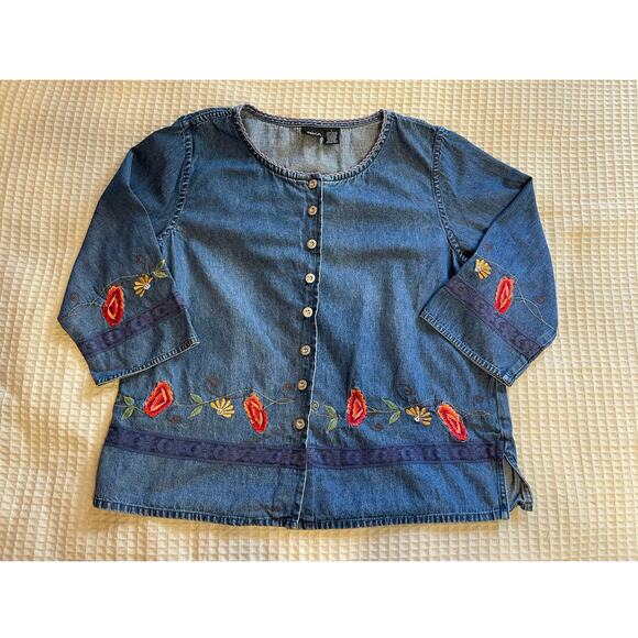 Erika Floral Embroidered Cottagecore 100% Cotton Chambray Button Up Blouse Large - Picture 2 of 9